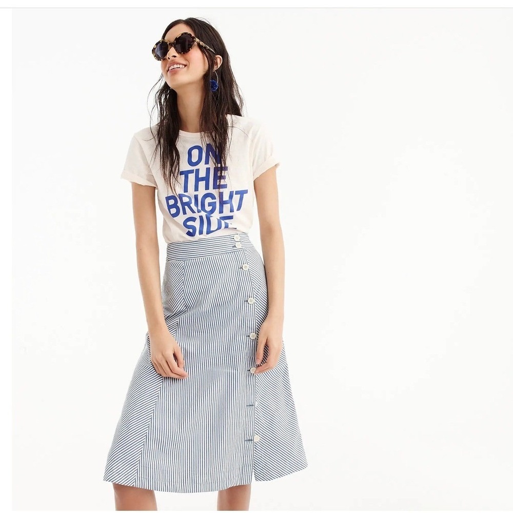 J.Crew Striped A-Line Midi Skirt 4 Blue White Button Modest Cotton Spring Summer